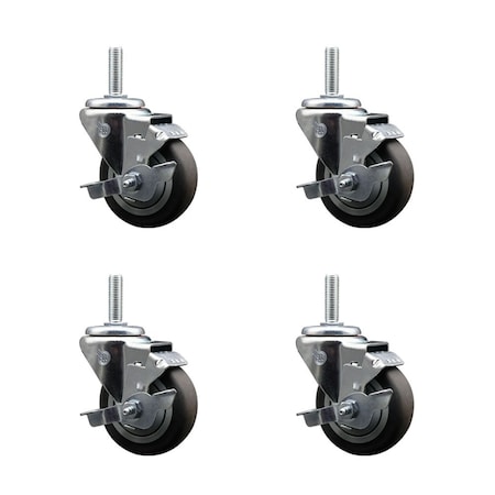 Service Caster 35 Inch Thermoplastic Rubber Wheel Swivel 34 Inch Threaded Stem Caster Set with Brake SCC SCC-TS20S3514-TPRB-TLB-34212-4